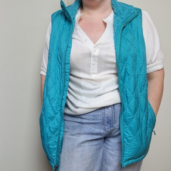 L. L. Bean Blue Green Quilted Fleece Lined Full Zip Sleeveless Vest Size Large - Picture 1 of 16